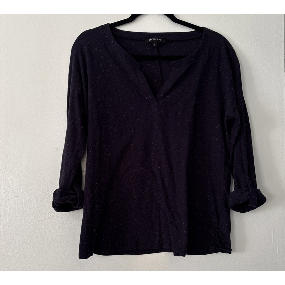 Grayson Blue Speckled Roll Tab Sleeve V-Neck Top Womens Large